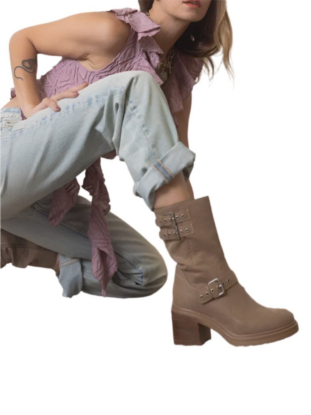 Size 9 Oasis Society Rider Block Heel Boots with Buckles, Taupe